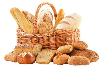 kosz wiklinowy z pieczywem, chleb pszenny, bagietki, buki
